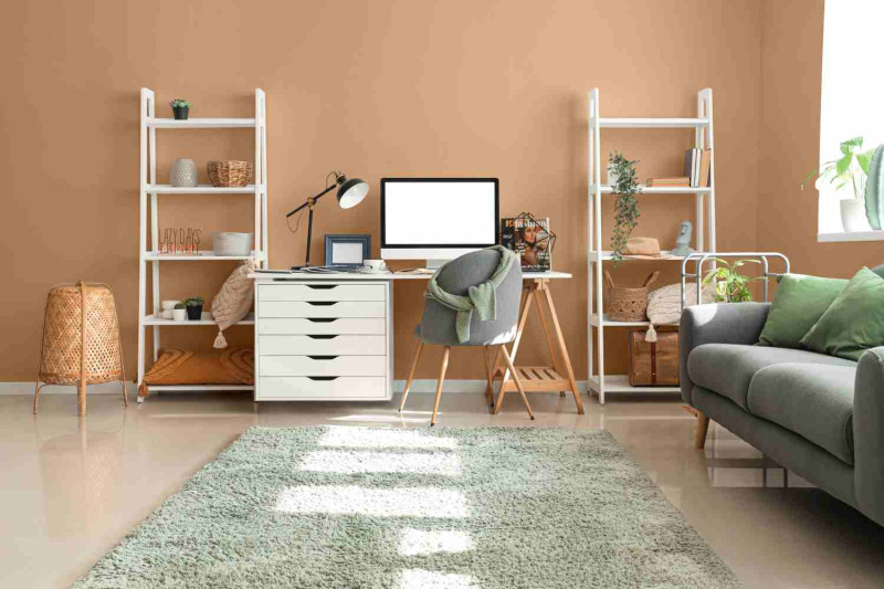 Farbgestaltung Wandfarbe Büro Ideen – Arbeitszimmer mit Teppich und Sofa.