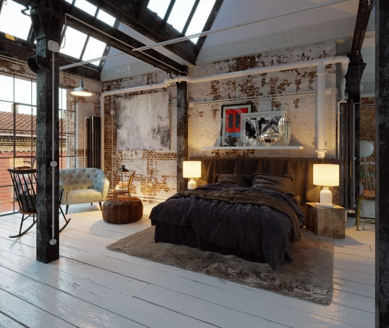 Industrial Style Schlafzimmer – Schlafzimmer mit Pendelleuchten.