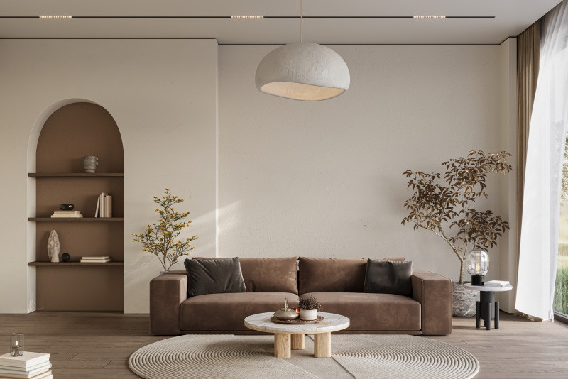 Japandi Wohnzimmer – Wohnzimmer mit dunklen Farbakzenten.