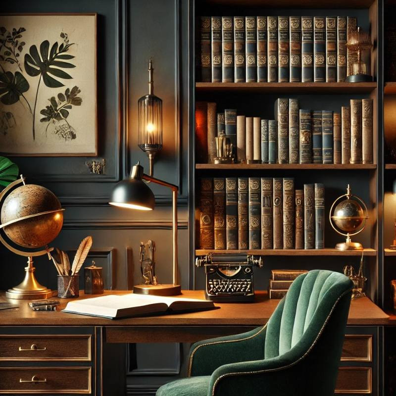 Wohnzimmer dunkel gemütlich im englischen Stil mit Bibliothek