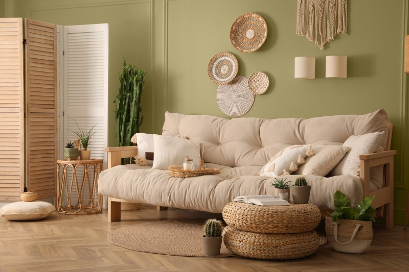 Boho Style Wohnzimmer – Wohnzimmer mit einer großen, gemütlichen Couch.