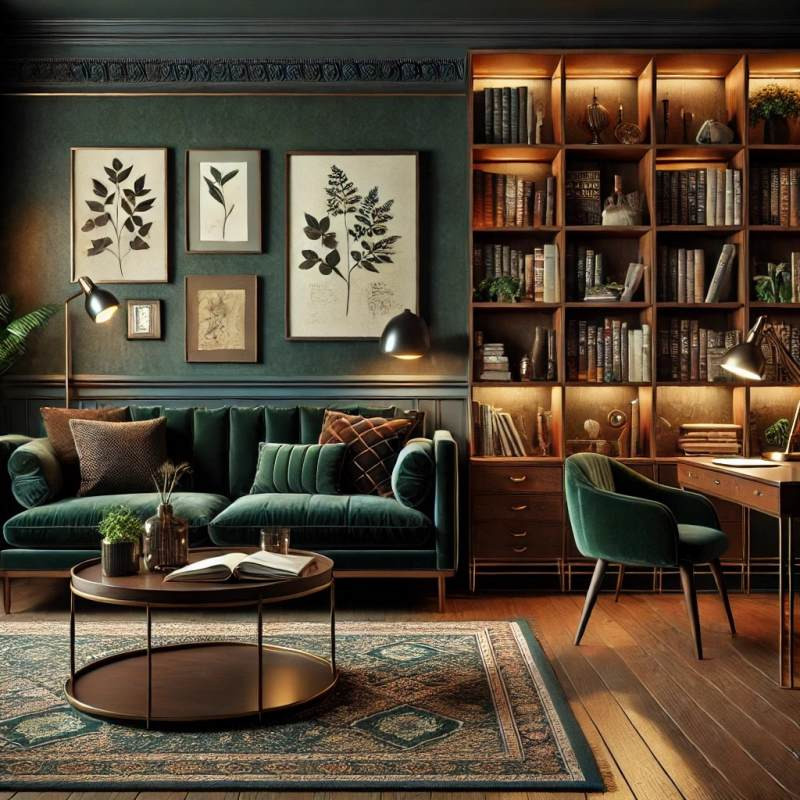 dunkler englischer Stil: dunkelgrünes Wohnzimmer Bibliothek Dark Acadamia