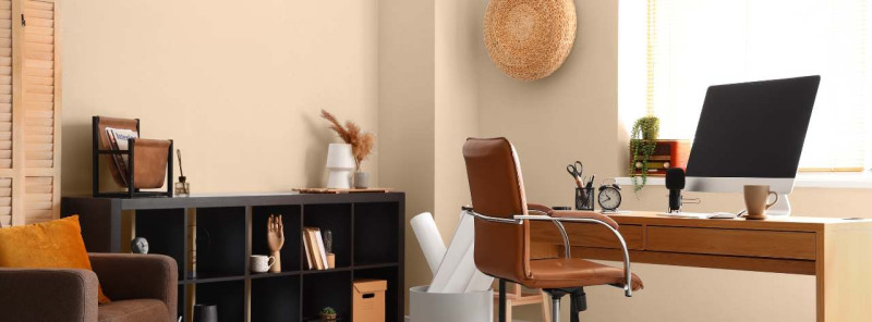 Wandfarbe Arbeitszimmer – Gemütliches Arbeitszimmer mit Sessel und Sideboard - Wandfarbe Pampasgras von Caleo Color 