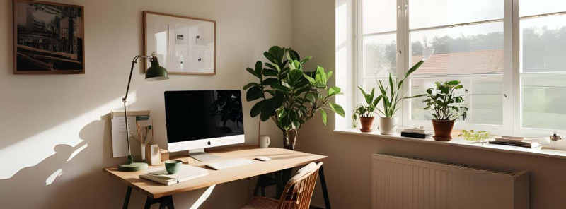 Büro streichen - Arbeitsplatz mit einer Grünpflanze - Wandfarbe Sanddüne von Caleo Color