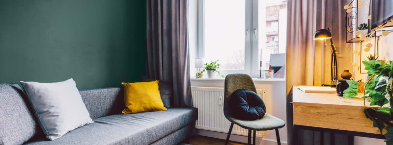 Farbgestaltung Wandfarbe Büro Ideen – Arbeitszimmer mit Teppich und Sofa - Wandfarbe Waldspaziergang von Caleo Color