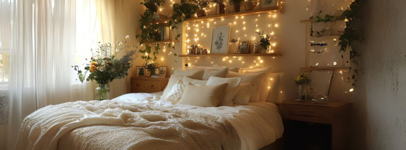 Aesthetic Zimmer: Schlafzimmer mit Lichterketten und Grünpflanzen.