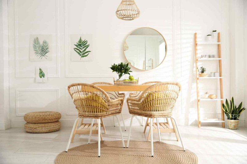 Boho Einrichtungsstil – Esszimmer mit Korbstühlen.