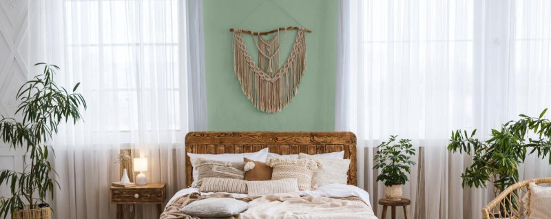 Schlafzimmer welche Wandfarbe – Helles Schlafzimmer mit Zimmerpflanzen.